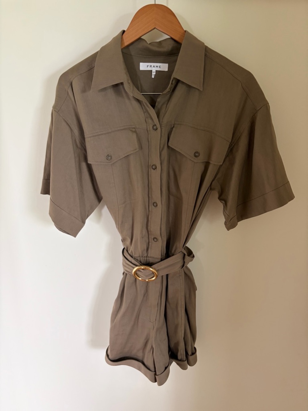 Frame Short Sleeve Utility Romper in Taupe with Gold Belt Buckle